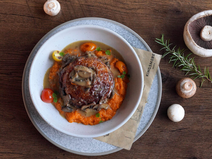 Mixed mushrooms, leek and bacon chicken pie with mixed pepper corn sauce