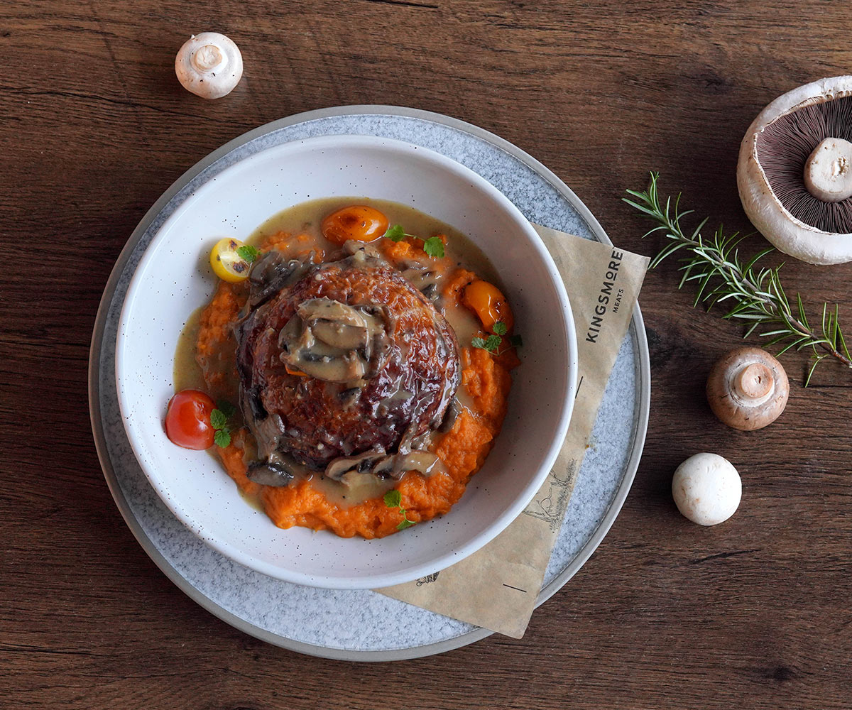 Mixed mushrooms, leek and bacon chicken pie with mixed pepper corn sauce