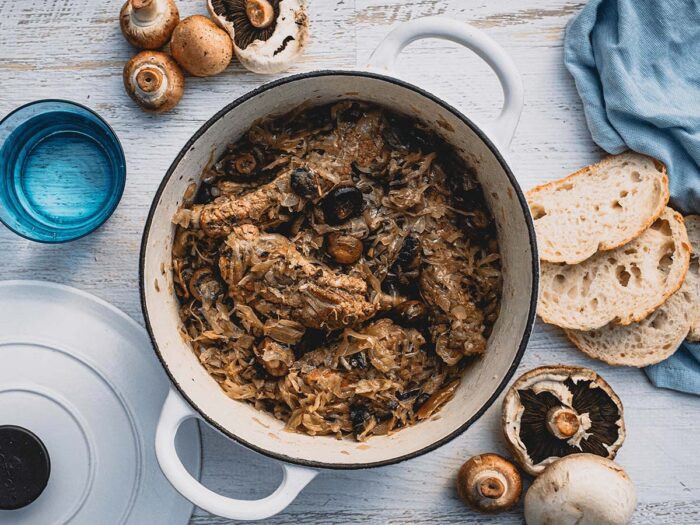 Slow cooked ribs with sauerkraut and mushrooms