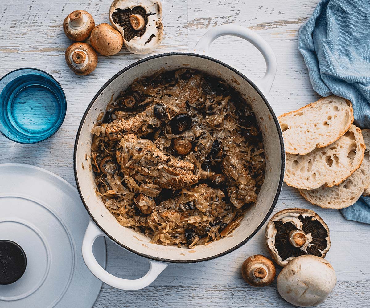 Slow cooked ribs with sauerkraut and mushrooms